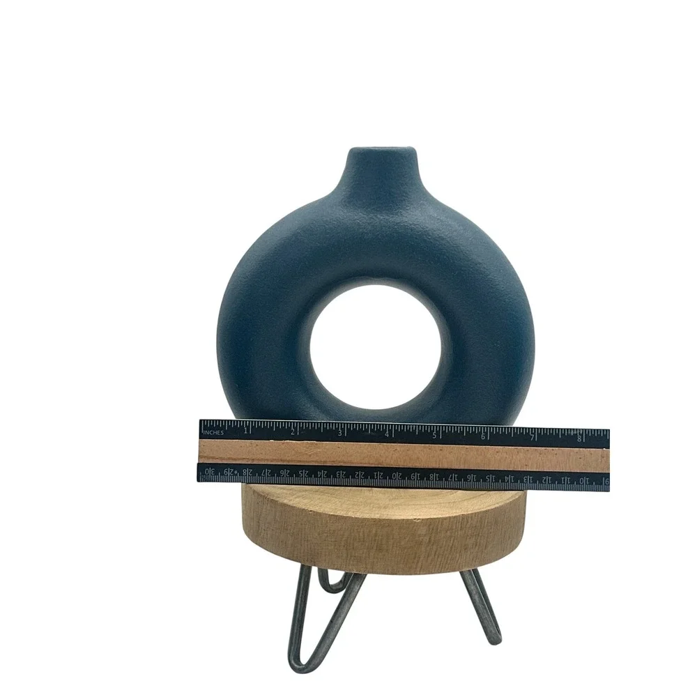 Navy Blue Ceramic Donut Vase Set of 2‎ Matte Textured Modern Minimalist Decor